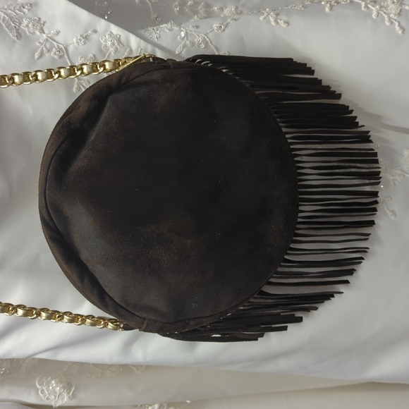 Meli Melo Rich Brown and Metallic Gold Suede Leather Fringe Crossbody - Picture 6 of 16